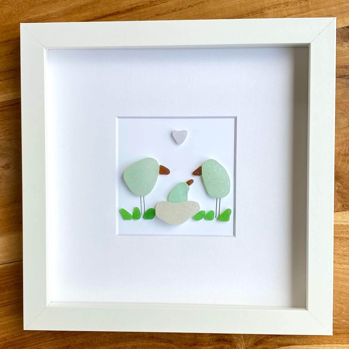 bird family nest heart sea glass decor