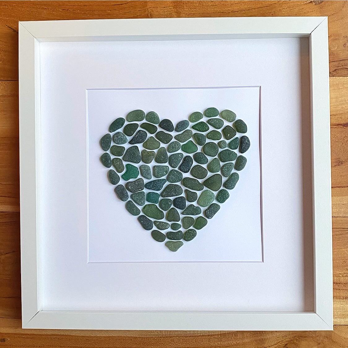 green heart sea glass framed collage