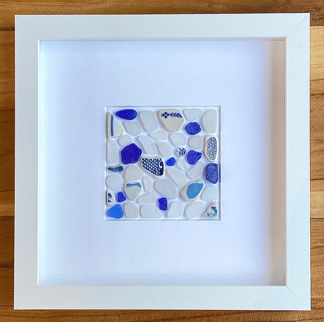 blue and white sea glass framed collage