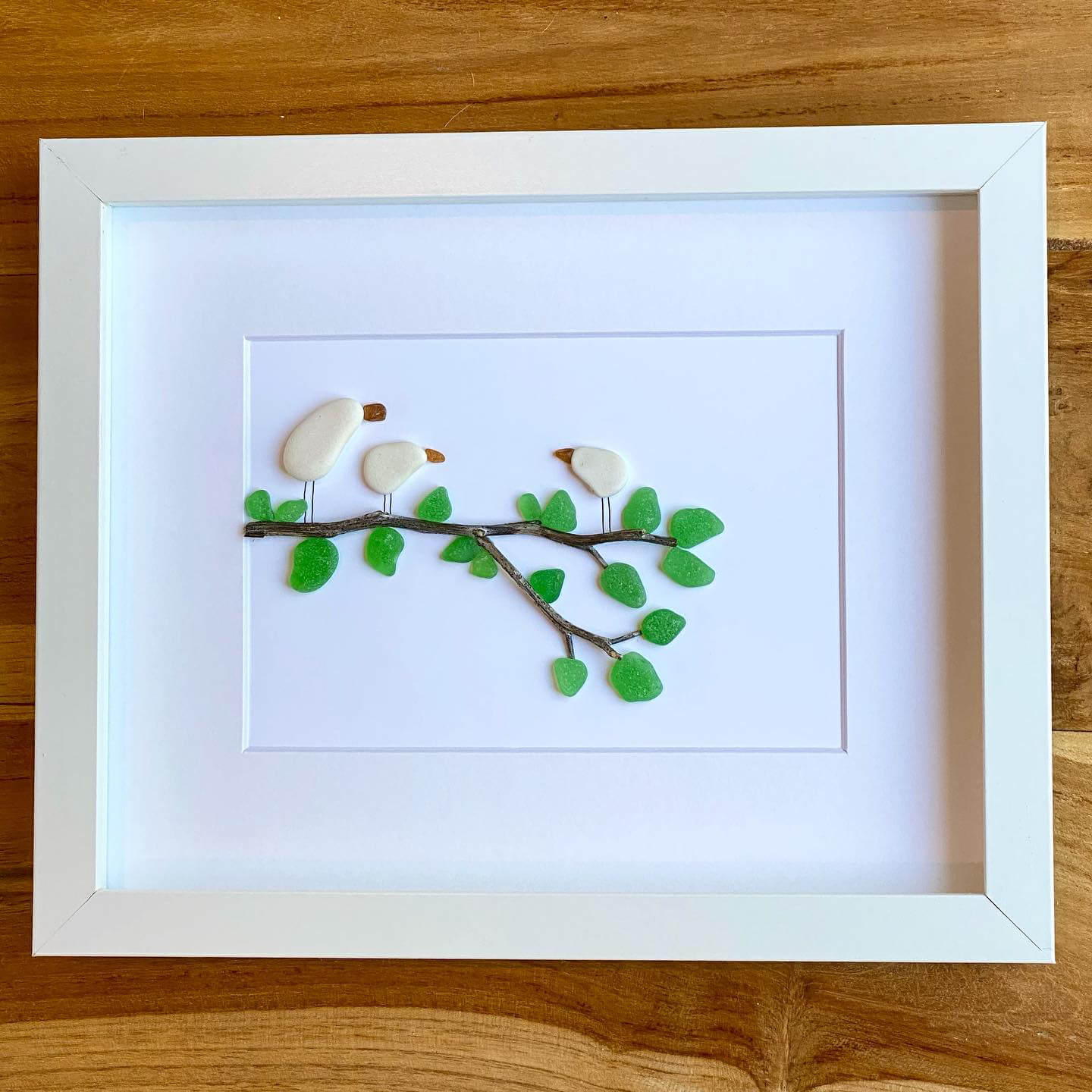 bird family on a branch sea glass decor