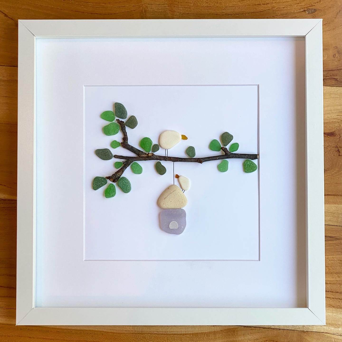 treetop birds in nest sea glass collage