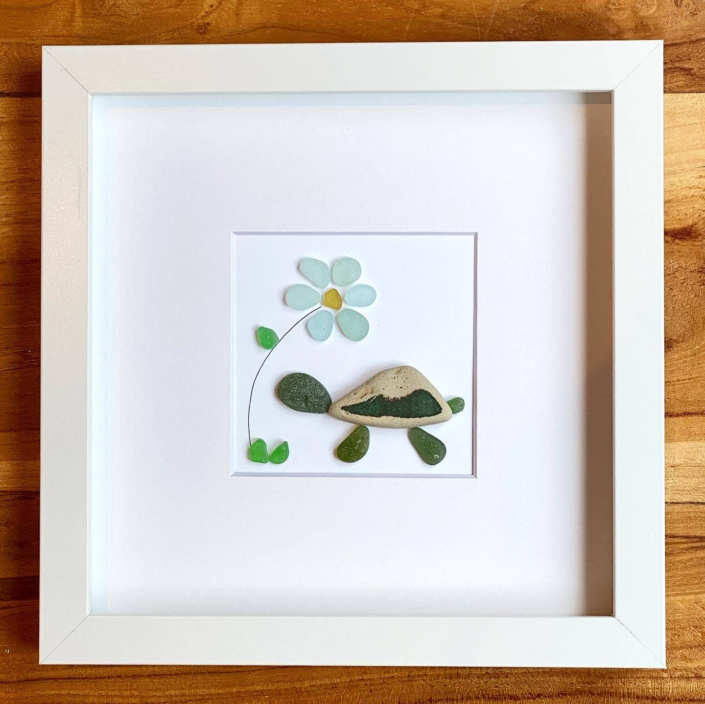 turtle and flower sea glass framed art