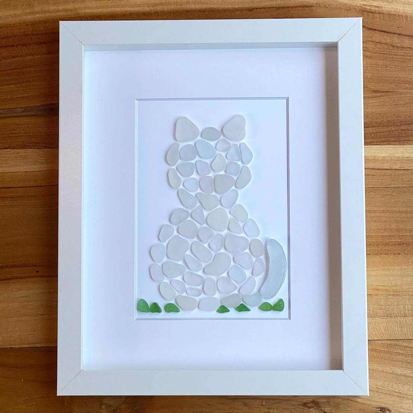 white cat seaglass art decor