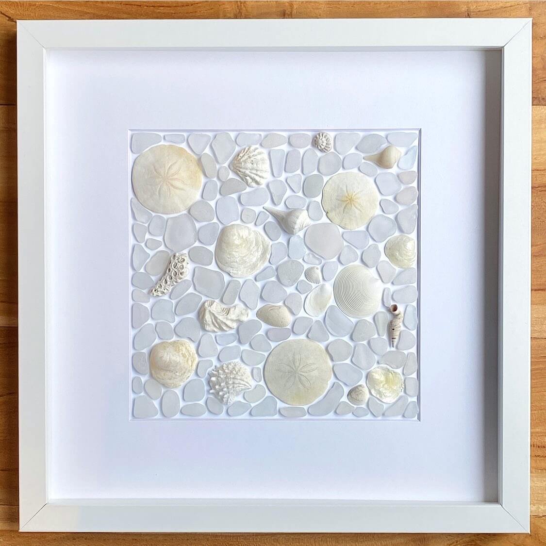 white seashells and sea glass collage