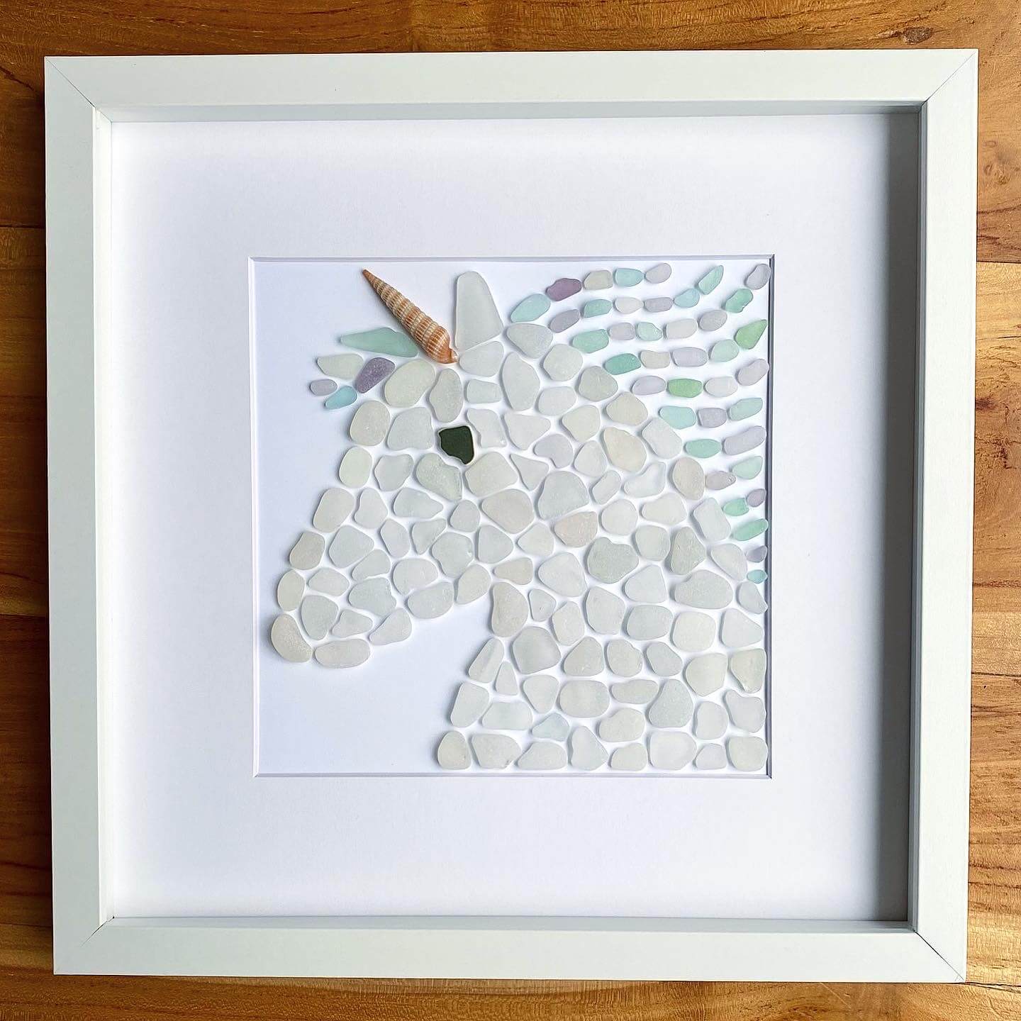 whimsical white unicorn seaglass framed home decor