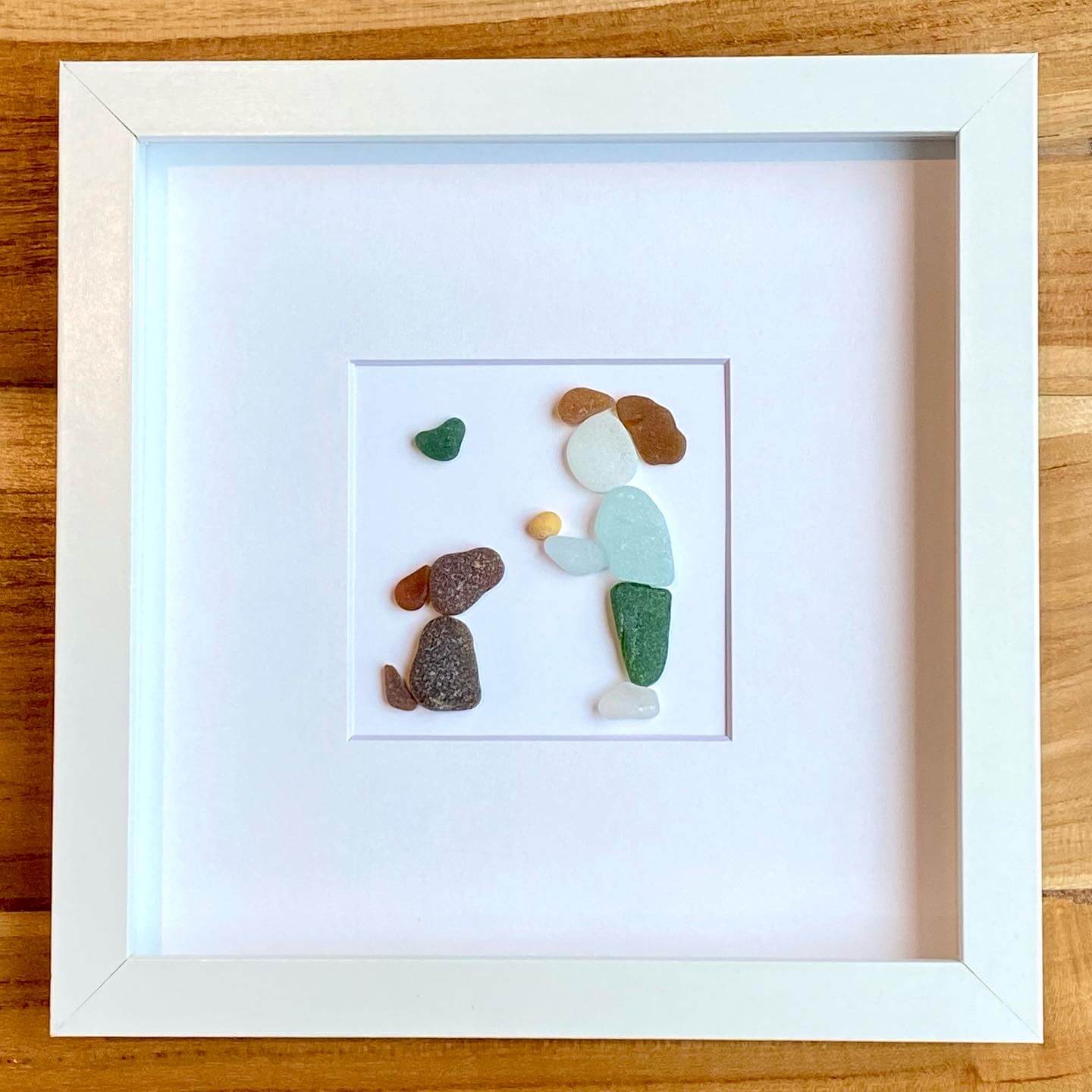 Woman and dog love sea glass handmade art