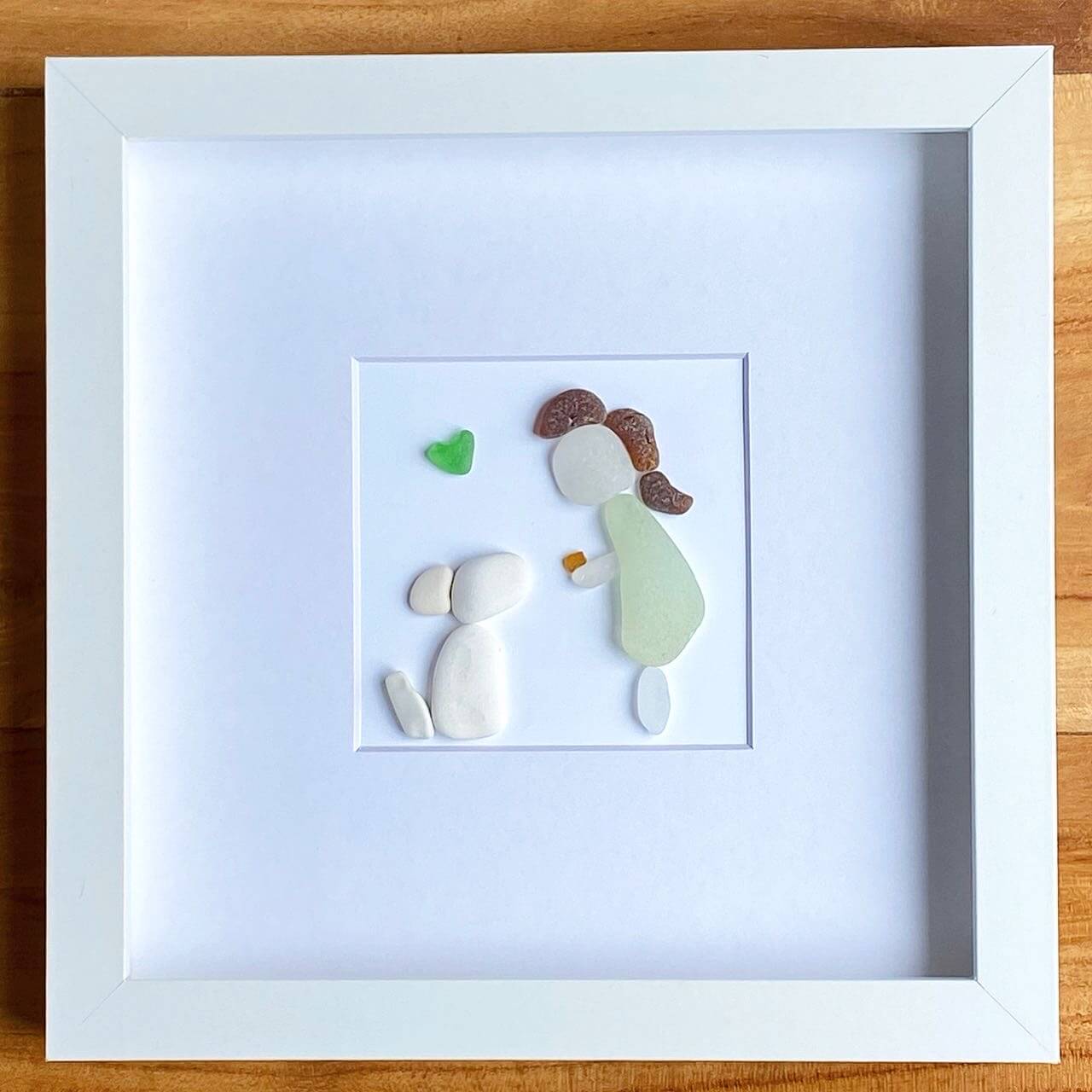 woman with dog and heart sea glass collage