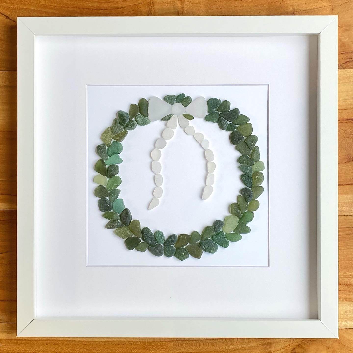 wreath made of green and white sea glass