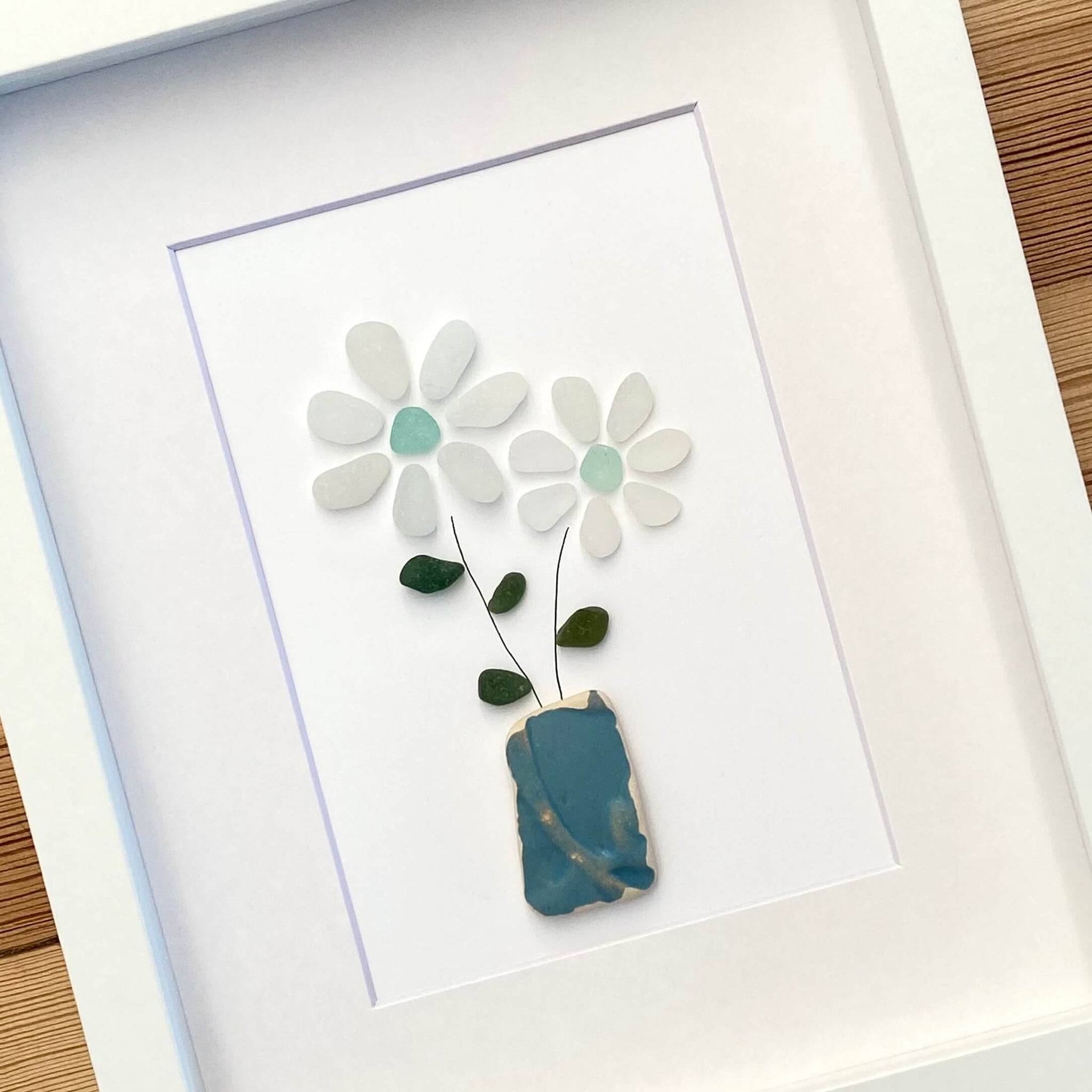 Blue Potted Daisies 8"x10" Framed Seaglass Artwork