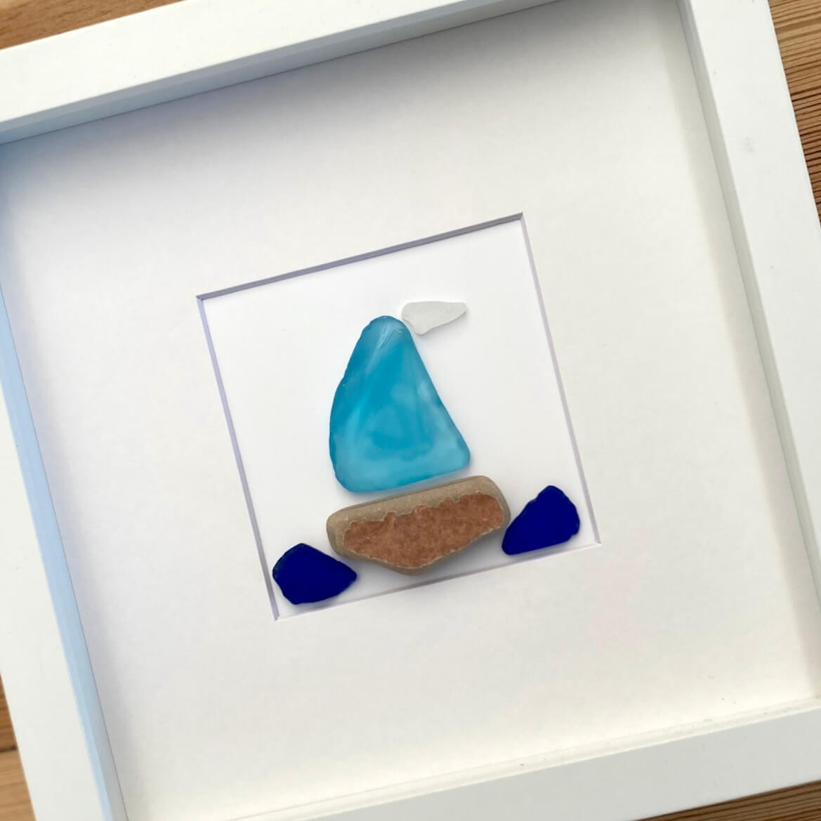 Sailboat 8"x 8" Framed Seaglass Artwork